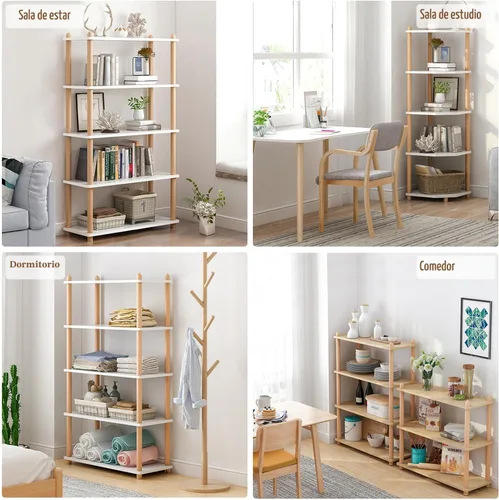 Vista 5 de IOTXY 3-Tier Wooden Shelf Bookcase, Freestanding Open Bookshelf, Oak