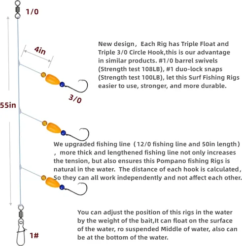 Vista 3 de 6Pcs Pompano Fishing Rigs Ready Kit，3 in 1 Float Rigs with Triple 3/0 Circle Hook for Surf Fishing，（12/0） Fishing line / 50in length/50lbTension in