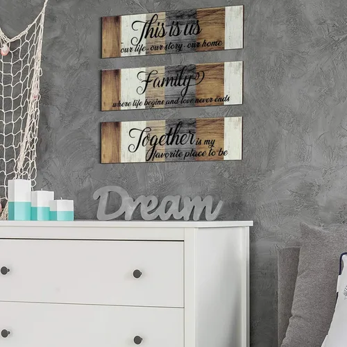 Vista 5 de Jetec Letrero de madera familiar de 3 piezas con texto en inglés "This Is Us", decoración rústica de madera para el hogar, decoración de pared Marrón