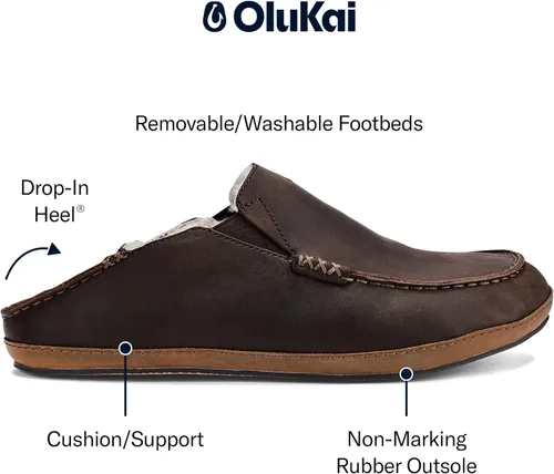 Vista 4 de OLUKAI Moloa pantuflas, Zapatos de cuero de primera calidad para hombre con suela suave, forro de piel de oveja genuina y inserto de gel, tacón