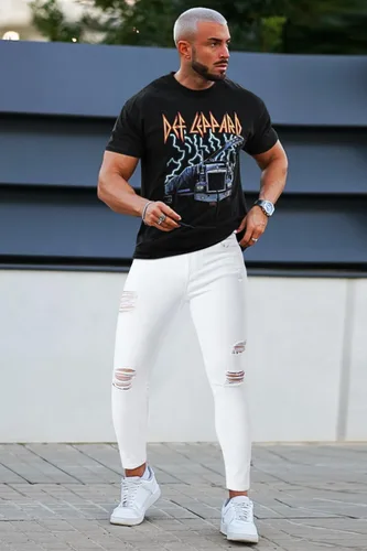 Vista 5 de Gingtto jeans entallados elásticos para hombre, de corte ajustado, rasgados, gastados