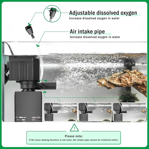 Vista 4 de AQQA Filtro de acuario, filtración de 3 etapas, fabricante de ondas ajustables y oxigenador, bomba sumergible silenciosa de 12 W 115 GPH, filtro