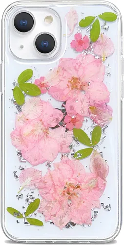 Vista 28 de Abbery Funda diseñada para iPhone 13 Pro con diseño de flores prensadas con purpurina y diseño de goma de silicona suave, diseño de flores reales
