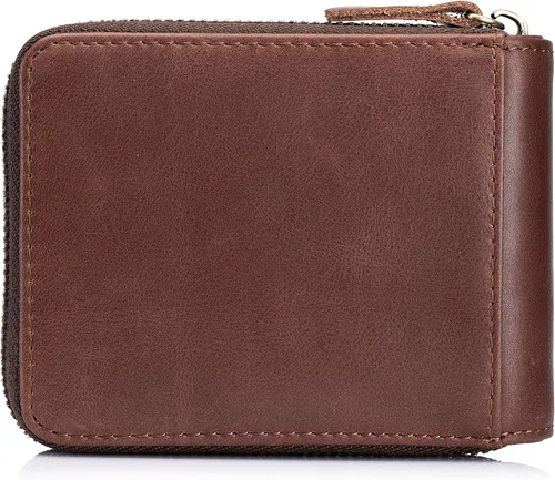 Vista 10 de LUKZIJAES Billetera de cuero genuino para hombre, con bloqueo RFID, delgada, plegable, bolsillo frontal, #3-Café, Vintage