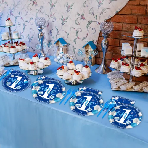 Vista 6 de Wiooffen Juego de vajilla para fiesta de cumpleaños de niño de 1 año, azul, 96 piezas, para 24 invitados, platos de papel, servilletas, tenedores