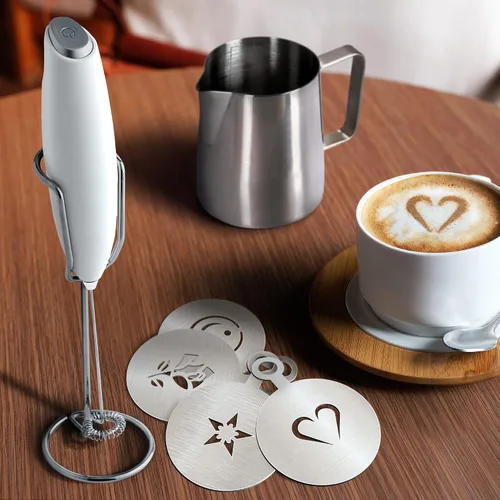 Vista 4 de Milk Boss Espumador de leche para café, juego completo de regalo de café con soporte ultra mejorado, fabricante de espuma de mano, mezclador