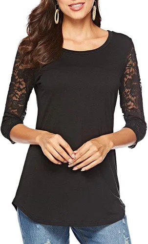 Vista 4 de Camiseta de manga de encaje 34 con cuello redondo para mujer, blusas casuales tipo túnica