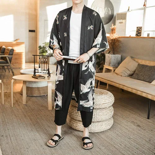 Vista 6 de HAORUN Abrigo kimono japonés para hombre, holgado, Yukata, albornoz largo, tops vintage