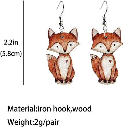 Vista 3 de Aretes colgantes de zorro rojo de cobre, lindos aretes colgantes de mapache de madera, zorro, zorro, joyería hipoalergénica para regalos de mujer