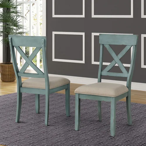 Vista 8 de Roundhill Furniture Prato - Juego de mesa de comedor redonda de 5 piezas con sillas de respaldo cruzado, color azul antiguo y nogal envejecido