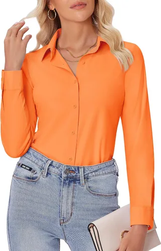 Vista 12 de siliteelon Camisas con botones para mujer, ajustadas, de manga larga, elásticas, de vestir, camisas de trabajo, sin arrugas, blusas de oficina