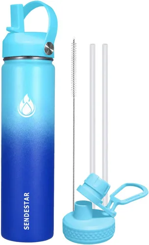 Vista 61 de SENDESTAR Botella de agua aislada de 24 onzas, boca ancha, botella de agua de 24 onzas con tapa con popote, tapa de boquilla, acero inoxidable