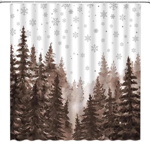 Vista 18 de GCTNBJL Cortina de ducha navideña para RV, diseño de árbol de pino, copo de nieve, estrella, bosque, vacaciones de invierno, naturaleza rústica