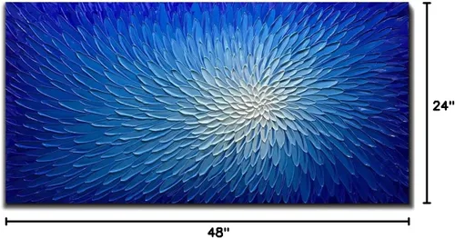 Vista 8 de AMEI Arte, 24 x 48 pulgadas, pintado a mano, obra de arte moderna con flores azules y blancas, pintura al óleo de madera en el interior enmarcado