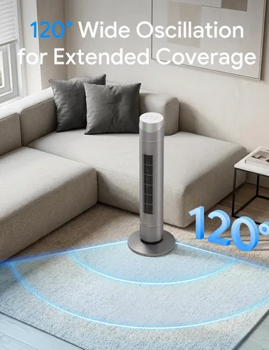 Vista 44 de ZAFRO Ventilador de torre inteligente para dormitorio, ventilador de torre oscilante de 120°, 28 pies/s de alta velocidad, 12 velocidades, 4 modos