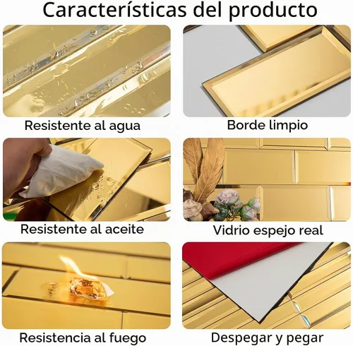 Vista 3 de Lovdeco - Tiras de espejo dorado para pegar y despegar para salpicadero de cocina y pared de baño, 30,5 x 30,5 cm, 5 piezas, 0,46 m².