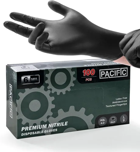 Vista 9 de PACIFIC PPE Guantes desechables de nitrilo negro resistentes de 6 mil, resistentes a productos químicos, seguros para alimentos, sin látex