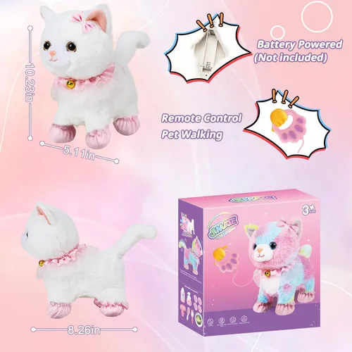 Vista 3 de Jimate Juguete electrónico interactivo de peluche robot que camina y ladra, gato de peluche con control remoto para niñas (gato blanco)