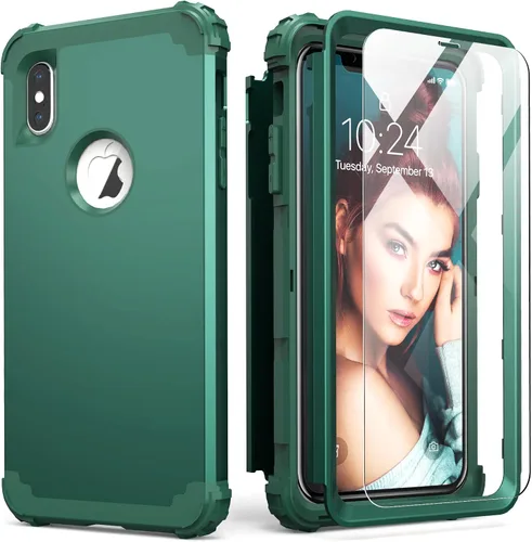 Vista 17 de IDweel Funda para iPhone Xs Max con protector de pantalla de vidrio templado, absorción de golpes 3 en 1, protección resistente, cubierta de Negro