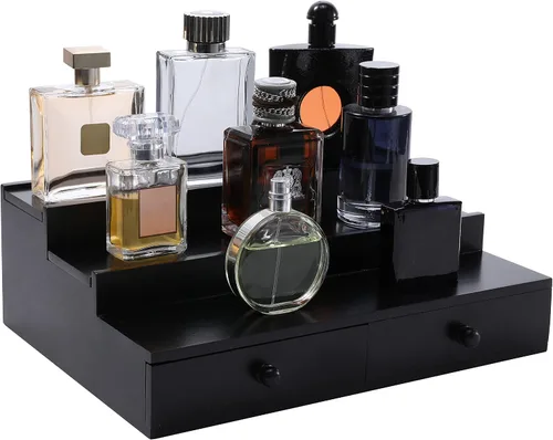 Vista 8 de Organizador de colonia Boulphia para hombre, soporte de colonia de 3 niveles con cajón y compartimento oculto, estante de madera para exhibidor