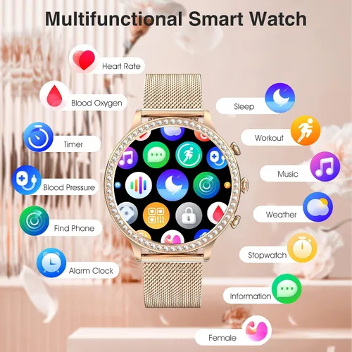 Vista 6 de Reloj inteligente para mujer (recepción de llamadas/marcación), reloj inteligente impermeable para teléfonos Android iOS con pantalla táctil HD