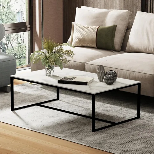 Vista 10 de Wisfor Mesa de centro de piedra sinterizada: mesa central de sofá negro con marco de metal negro - Mesa rectangular de decoración de muebles
