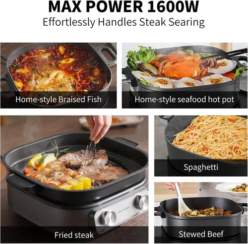Vista 5 de Sartén eléctrica de 6 cuartos con parrilla Olla antiadherente con revestimiento cerámico libre de PFOA, 1600W, temporizador y 3 configuraciones