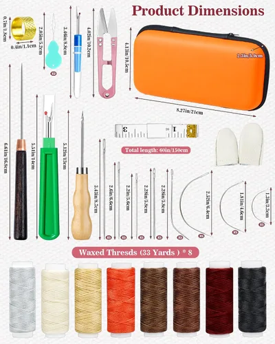 Vista 7 de PLANTIONAL Kit de costura de cuero de hilo encerado de 8 colores, kit de reparación de tapicería de 47 piezas con hilo encerado, punzón de costura