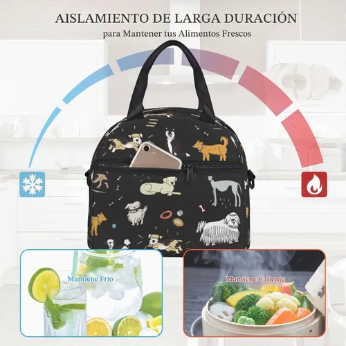 Vista 5 de Bonita Lonchera de Perinsto con Perros en Fondo Negro, Bolsa de Almuerzo Reutilizable Aislada con Correa Ajustable para Oficina, Trabajo, Picnic