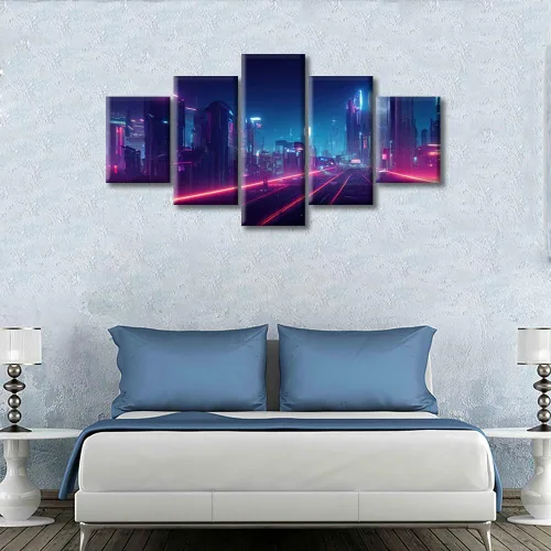 Vista 63 de Cuadros de 5 paneles de Cyberpunk City, arte de pared, representación de vallas publicitarias, edificios modernos en la capital con obras de arte