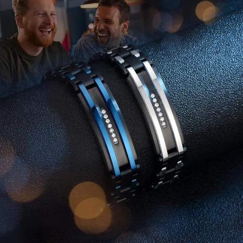 Vista 4 de Holizaly Pulsera curvada para hombre, chapado en iones negro y azul, regalos negros para hombres y mujeres, cumpleaños, día de San Valentín, joyas