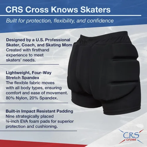 Vista 4 de CRS Cross Padded Figure Skating Shorts. Crash Pad Pants for Roller, Inline, Ice Skating, Snowboarding, and Skiing. Fall Impact Protection for Butt