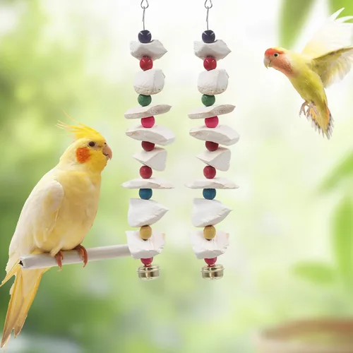 Vista 5 de Paquete de 2 juguetes para pájaros con hueso de cuttlebone, juguetes de periquito, piedra de moler de pico de pájaro, accesorios de jaula