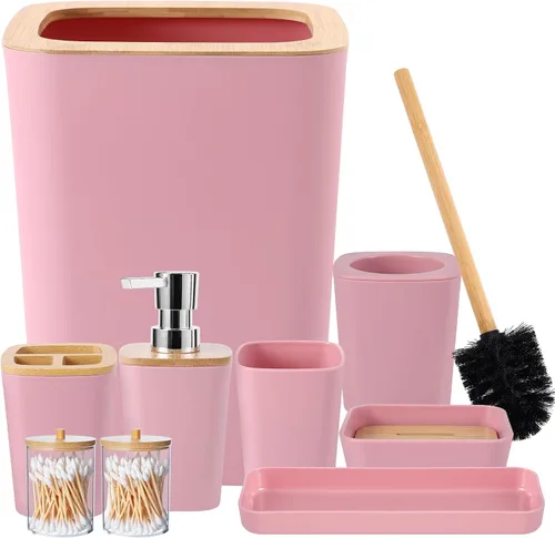 Vista 43 de Juego de accesorios de baño rosa con cortina de ducha y alfombras con purpurina, juegos de baño con alfombras de baño extrasuaves y absorbentes