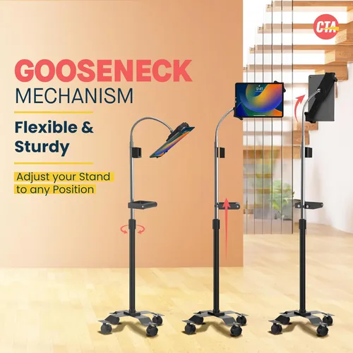Vista 6 de CTA Digital Soporte de piso móvil compacto, ajustable con cuello de cisne con mango y ruedas giratorias para iPad Gen 7-10, iPad Air 4, 12.9
