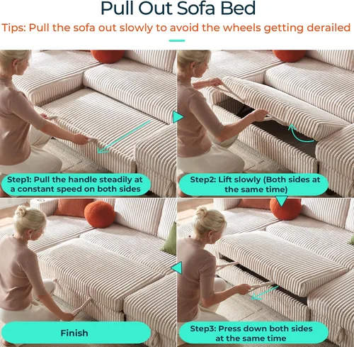 Vista 9 de LINSY HOME - Sofá cama extraíble modular con sección para dormir, con almacenamiento, sofá seccional de pana mullida para sala de estar, sofá cama