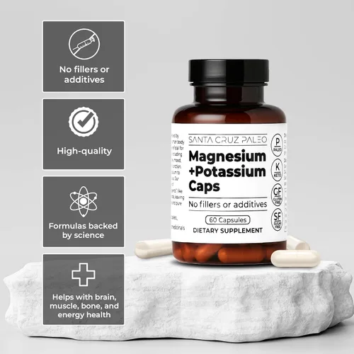 Vista 2 de Santa Cruz Paleo Cápsulas de Magnesio + Potasio, Suplemento para Hombres y Mujeres, Paleo, Keto, Sin Azúcar y Gluten, 166mg de Glicinato de Magnesio