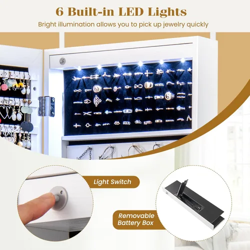 Vista 6 de CHARMAID Armario de joyería montado en la pared con espejo de longitud completa de 47 pulgadas, armario de joyería con cerradura con 6 luces LED