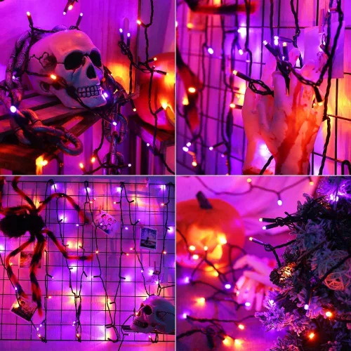 Vista 2 de Brizled - Luces de Halloween naranjas y moradas, 10 mt, 100 luces LED de Halloween, 5mm de ancho, luz de cuerda de ángulo amplio, 120 V