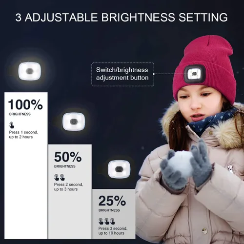 Vista 8 de Gorro LED para Niños, Unisex Gorro con Linterna Frontal Recargable de Invierno con Luz Nocturna, Regalos para Niños y Niñas Naranja