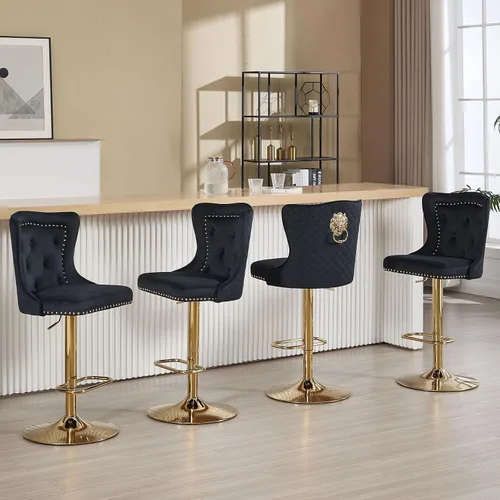 Vista 17 de Juego de 2 taburetes de bar negros y dorados, taburetes de bar de terciopelo con respaldo de ala alta, modernas sillas de bar tapizadas, taburete