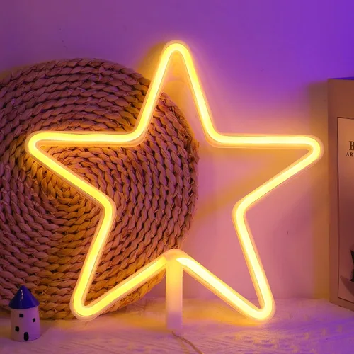 Vista 12 de ENUOLI Lámpara de luz LED de neón en forma de estrella blanca cálida con base, funciona con pilas y USB, letrero de neón LED en forma de estrella