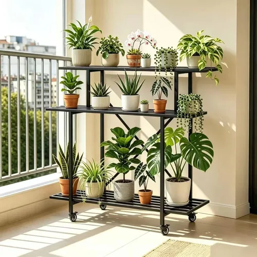 Vista 14 de Zhongma Soporte para plantas de 3 niveles que ahorra espacio, resistente para balcón, hogar, jardín, soporte de metal resistente para plantas