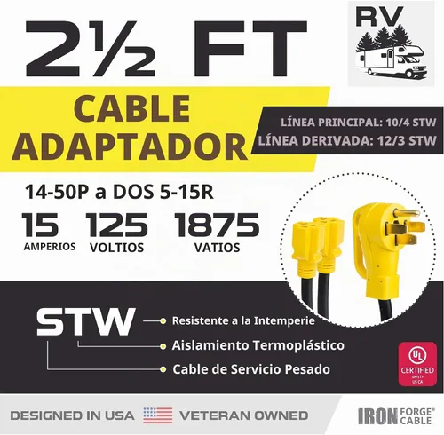 Vista 2 de Cable Iron Forge de 50 amperios a 15 Amp RV Y adaptador, 14-50P a 2X 5-15R, STW