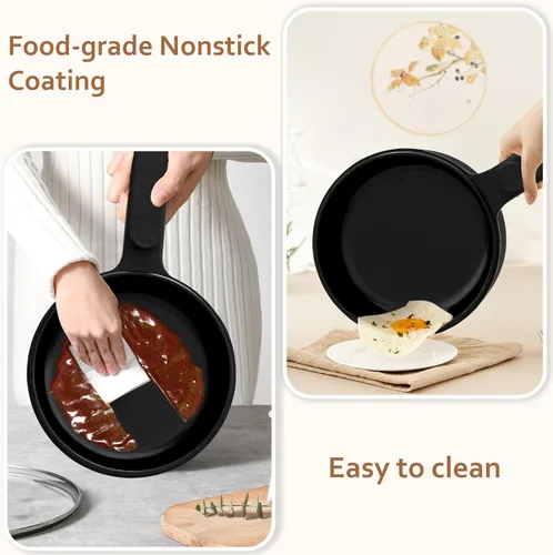 Vista 6 de HYTRIC Olla eléctrica con vaporizador, sartén antiadherente portátil de 1.5 L, cocina eléctrica para carne, huevo, pasta, olla de ramen con doble