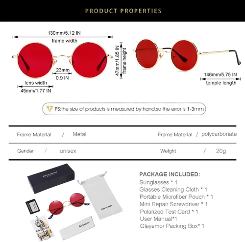 Vista 6 de Gleyemor Gafas de sol redondas polarizadas para hombres y mujeres, lentes 01 Oro/Rojo Claro