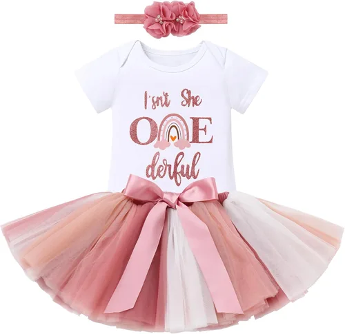 Vista 11 de ODASDO Conjunto de 3 piezas de mameluco de manga corta de algodón con estampado de flores, falda tutú, corona y diadema Rosa bebé