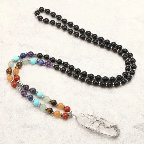 Vista 4 de Jovivi Collar de cristales curativos naturales de 7 chakras envuelto en alambre de cuarzo transparente colgante de árbol de la vida curativo