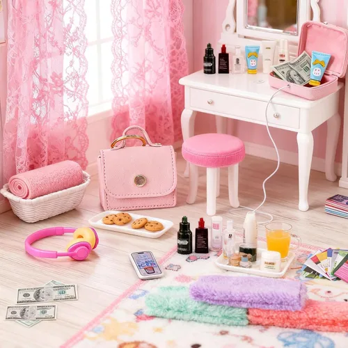 Vista 4 de Juego de 116 piezas de accesorios para casa de muñecas, herramientas de maquillaje, artículos de tocador de baño, bolso para bricolaje, micro