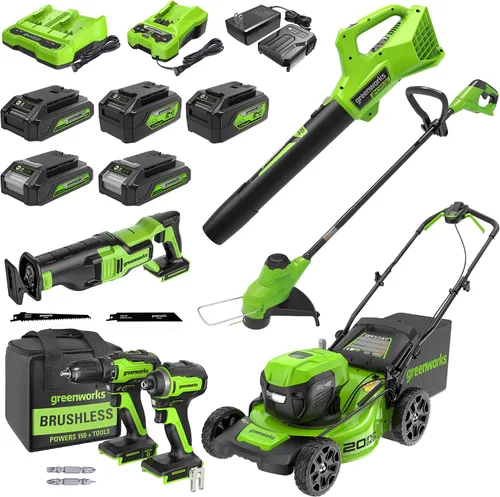 Vista 16 de Greenworks Juego de herramientas de jardín de 5 piezas de 48 V (24 V x 2): cortacésped de empuje de 20 pulgadas, recortadora de cuerdas de 12